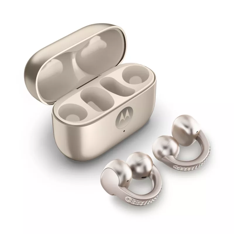 Headset Motorola Moto Buds Loop Bluetooth Ear-Clip-On binaural, Dolby Atmos, Bluetooth 5.0, ANC, 8 h Wiedergabe, Ladecase 520 mAh, Beige