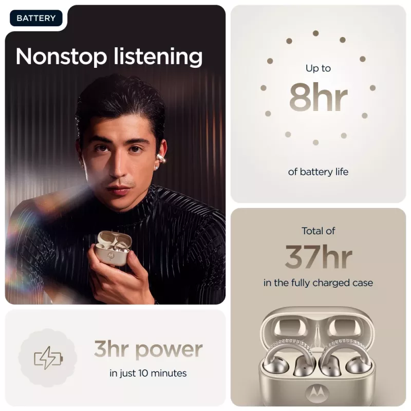 Headset Motorola Moto Buds Loop Bluetooth Ear-Clip-On binaural, Dolby Atmos, Bluetooth 5.0, ANC, 8 h Wiedergabe, Ladecase 520 mAh, Beige