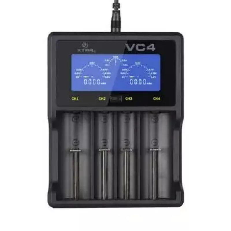 Ladegerät XTAR VC4SL für Li-Ion-, Ni-MH-, Ni-Cd-Zellen – 4-Bay, DC-betrieben, kompatibel mit 18650 und anderen zylindrischen Batterien, schwarz