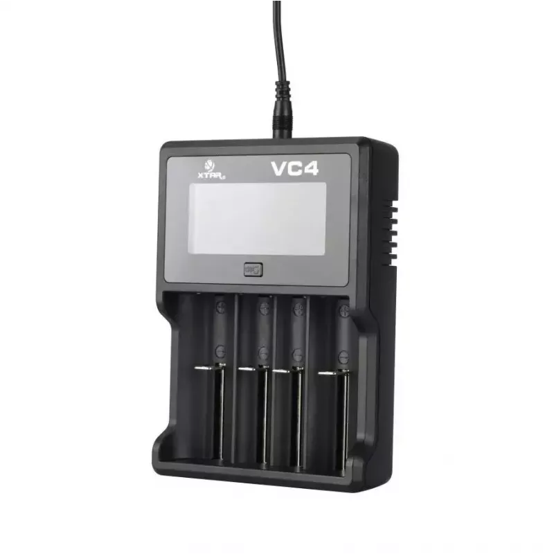 Ladegerät XTAR VC4SL für Li-Ion-, Ni-MH-, Ni-Cd-Zellen – 4-Bay, DC-betrieben, kompatibel mit 18650 und anderen zylindrischen Batterien, schwarz