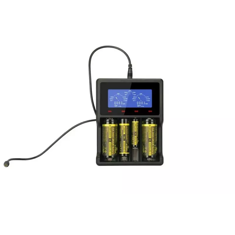 Ladegerät XTAR VC4SL für Li-Ion-, Ni-MH-, Ni-Cd-Zellen – 4-Bay, DC-betrieben, kompatibel mit 18650 und anderen zylindrischen Batterien, schwarz