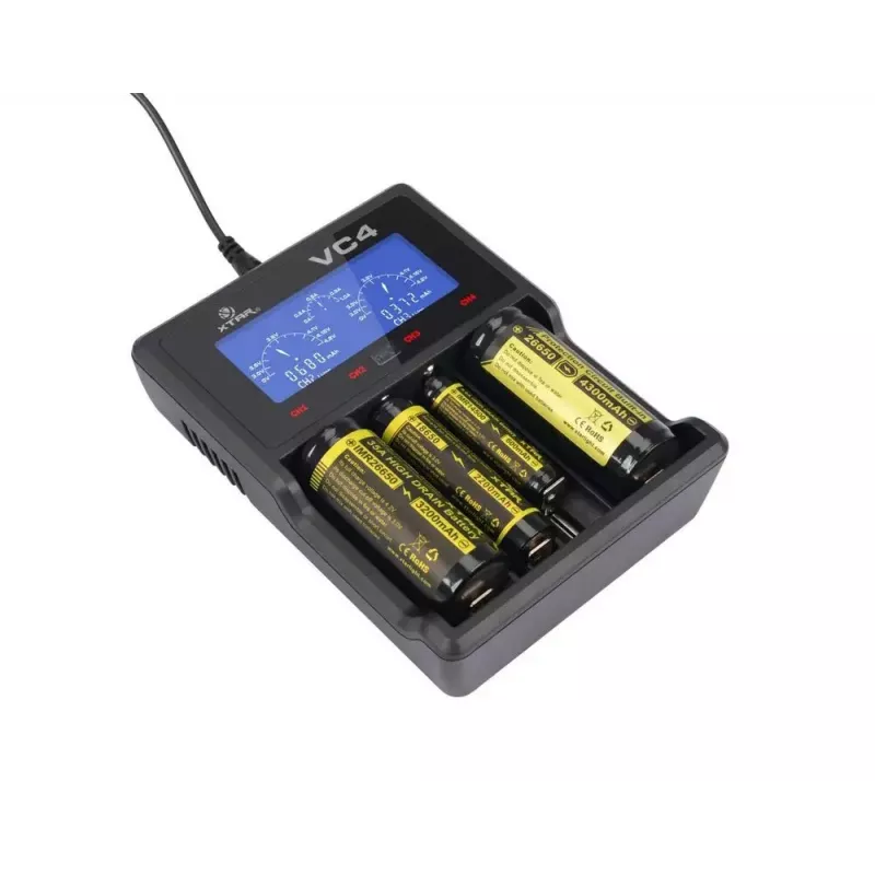 Ladegerät XTAR VC4SL für Li-Ion-, Ni-MH-, Ni-Cd-Zellen – 4-Bay, DC-betrieben, kompatibel mit 18650 und anderen zylindrischen Batterien, schwarz