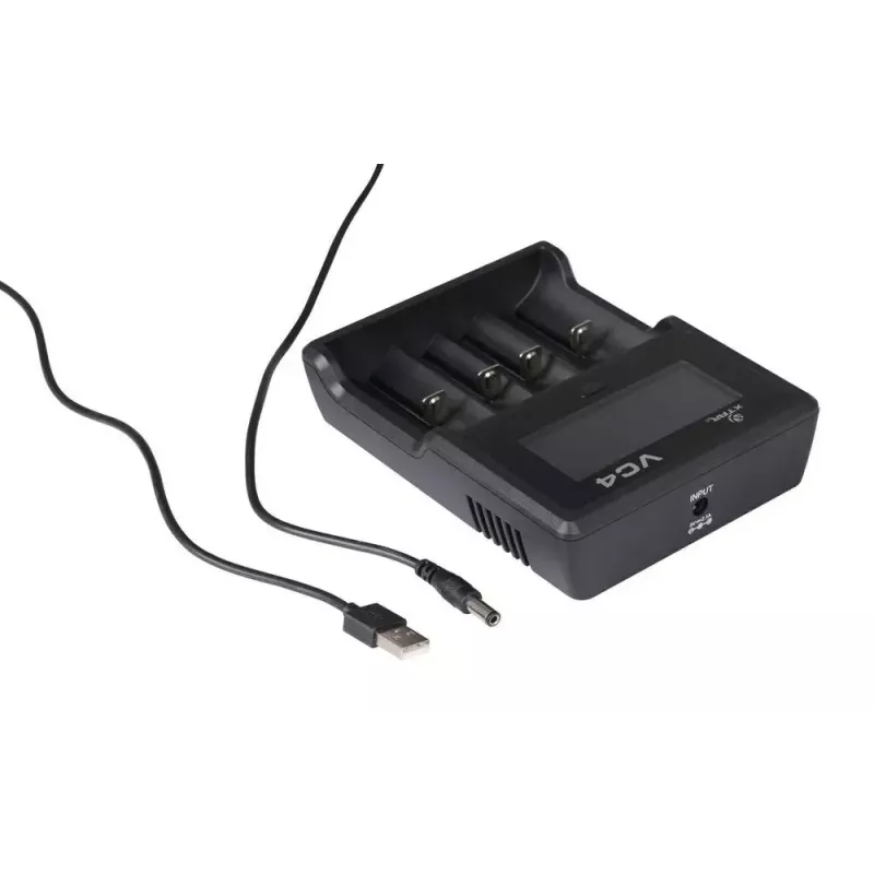 Ladegerät XTAR VC4SL für Li-Ion-, Ni-MH-, Ni-Cd-Zellen – 4-Bay, DC-betrieben, kompatibel mit 18650 und anderen zylindrischen Batterien, schwarz