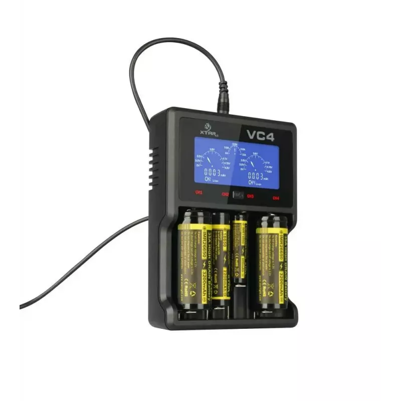 Ladegerät XTAR VC4SL für Li-Ion-, Ni-MH-, Ni-Cd-Zellen – 4-Bay, DC-betrieben, kompatibel mit 18650 und anderen zylindrischen Batterien, schwarz