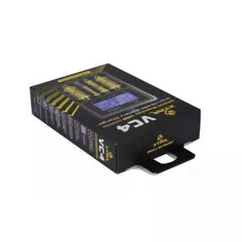 Ladegerät XTAR VC4SL für Li-Ion-, Ni-MH-, Ni-Cd-Zellen – 4-Bay, DC-betrieben, kompatibel mit 18650 und anderen zylindrischen Batterien, schwarz