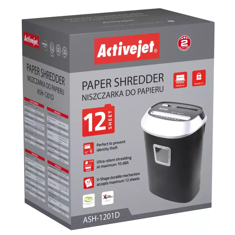 Aktenvernichter ActiveJet ASH-1201D, Streifenschnitt 5 x 38 mm, 22 cm Eingabe, Kapazität 12 Blatt, 25 L-Korb, P-3, schwarz