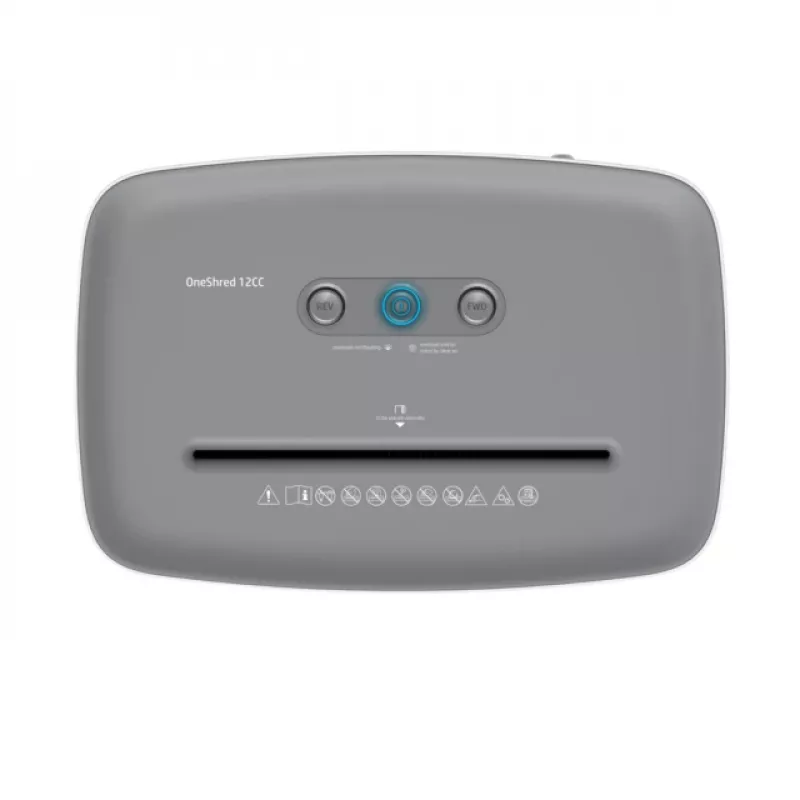 Aktenvernichter HP OneShred 12CC Partikelschnitt P-4 12-Blatt-Kapazität 22 cm Breite 23 L Korb 4×35 mm 65 dB Weiß
