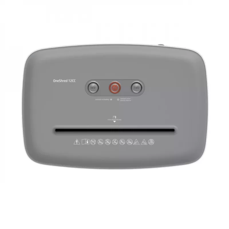 Aktenvernichter HP OneShred 12CC Partikelschnitt P-4 12-Blatt-Kapazität 22 cm Breite 23 L Korb 4×35 mm 65 dB Weiß