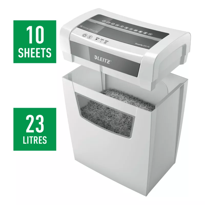 Leitz IQ Home Office Aktenvernichter P4, Partikelschnitt, 22 cm, 4 x 28 mm, 23 L, 225 Blatt, 58 dB