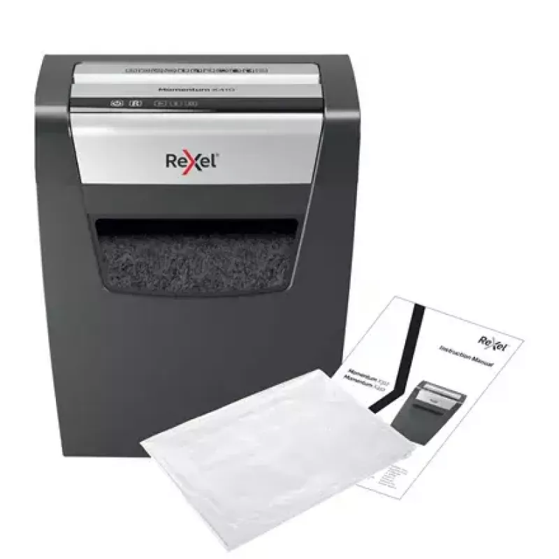 Papiervernichter REXEL Momentum X410 — Partikelschnitt P-4, 4 x 28 mm, 10-Blatt-Kapazität, 23-Liter-Auffangkorb, Staustopp