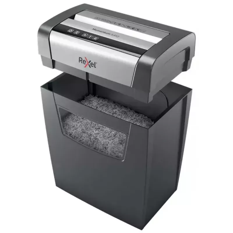Papiervernichter REXEL Momentum X410 — Partikelschnitt P-4, 4 x 28 mm, 10-Blatt-Kapazität, 23-Liter-Auffangkorb, Staustopp