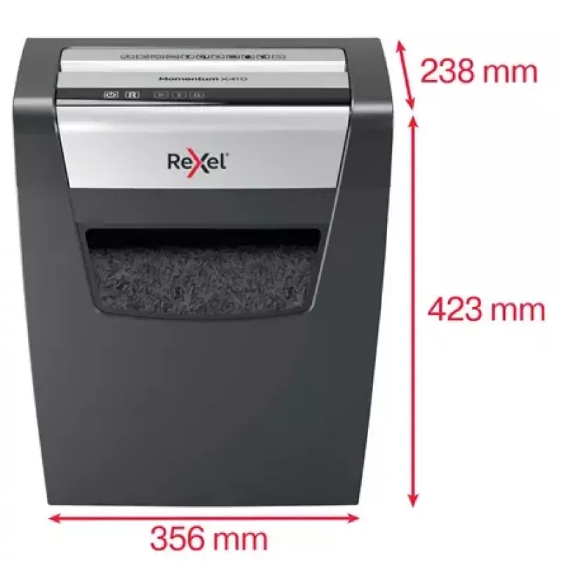 Papiervernichter REXEL Momentum X410 — Partikelschnitt P-4, 4 x 28 mm, 10-Blatt-Kapazität, 23-Liter-Auffangkorb, Staustopp