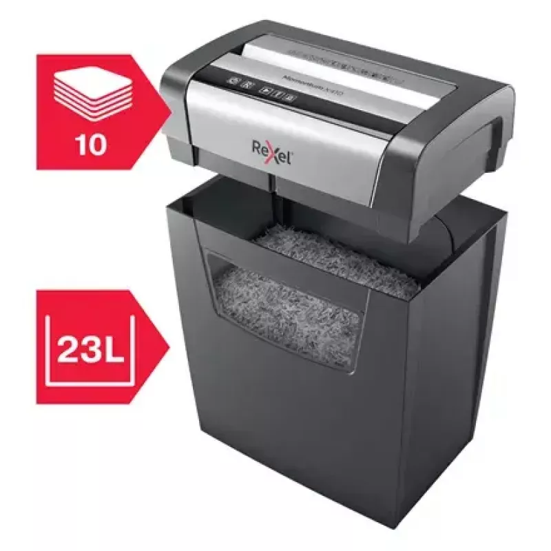 Papiervernichter REXEL Momentum X410 — Partikelschnitt P-4, 4 x 28 mm, 10-Blatt-Kapazität, 23-Liter-Auffangkorb, Staustopp