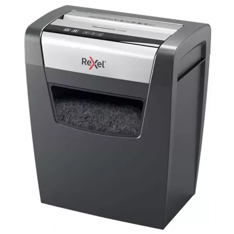 Papiervernichter REXEL Momentum X410 — Partikelschnitt P-4, 4 x 28 mm, 10-Blatt-Kapazität, 23-Liter-Auffangkorb, Staustopp