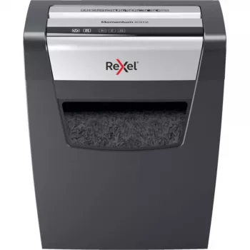 Papiervernichter REXEL Momentum X410 — Partikelschnitt P-4, 4 x 28 mm, 10-Blatt-Kapazität, 23-Liter-Auffangkorb, Staustopp