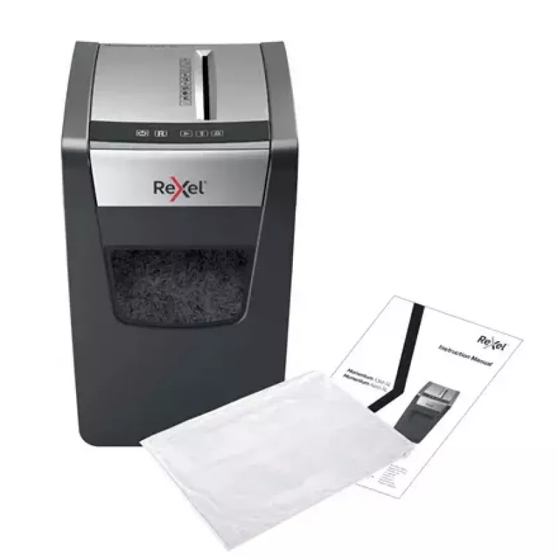 Aktenvernichter REXEL Momentum X312-SL – Partikelschnitt 5 x 42 mm, Kapazität 12 Blatt, 23-L-Auffangkorb, Tastensteuerung