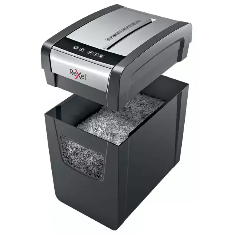 Aktenvernichter REXEL Momentum X312-SL – Partikelschnitt 5 x 42 mm, Kapazität 12 Blatt, 23-L-Auffangkorb, Tastensteuerung
