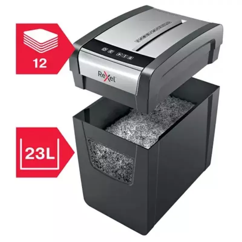 Aktenvernichter REXEL Momentum X312-SL – Partikelschnitt 5 x 42 mm, Kapazität 12 Blatt, 23-L-Auffangkorb, Tastensteuerung