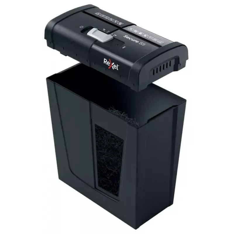 Aktenvernichter REXEL Secure S5 — Streifenschneider, Kapazität 5 Blatt, 6 mm Schnitt, 10 L Behälter, P-2 Sicherheit, Schwarz
