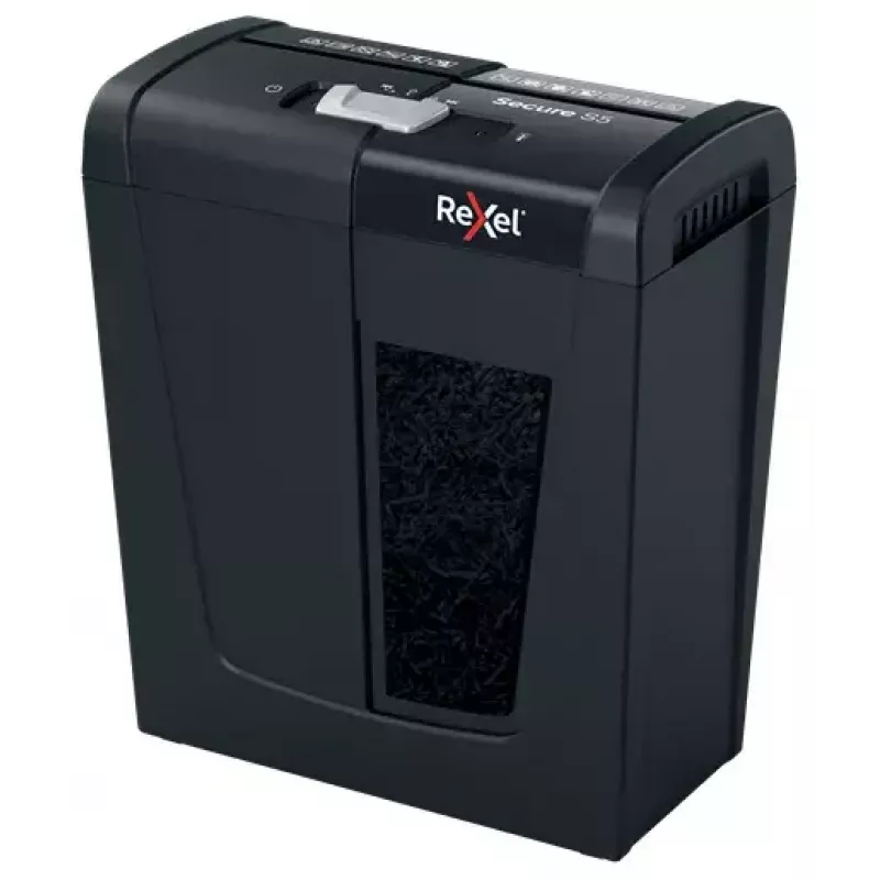 Aktenvernichter REXEL Secure S5 — Streifenschneider, Kapazität 5 Blatt, 6 mm Schnitt, 10 L Behälter, P-2 Sicherheit, Schwarz
