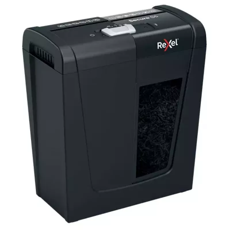 Aktenvernichter REXEL Secure S5 — Streifenschneider, Kapazität 5 Blatt, 6 mm Schnitt, 10 L Behälter, P-2 Sicherheit, Schwarz