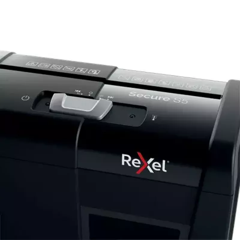 Aktenvernichter REXEL Secure S5 — Streifenschneider, Kapazität 5 Blatt, 6 mm Schnitt, 10 L Behälter, P-2 Sicherheit, Schwarz
