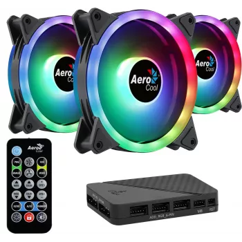 Aerocool DUO12PRO Kit 3x Lüfter 12 cm ARGB LED Dual-Ring Antivibration 6 Pins, schwarz