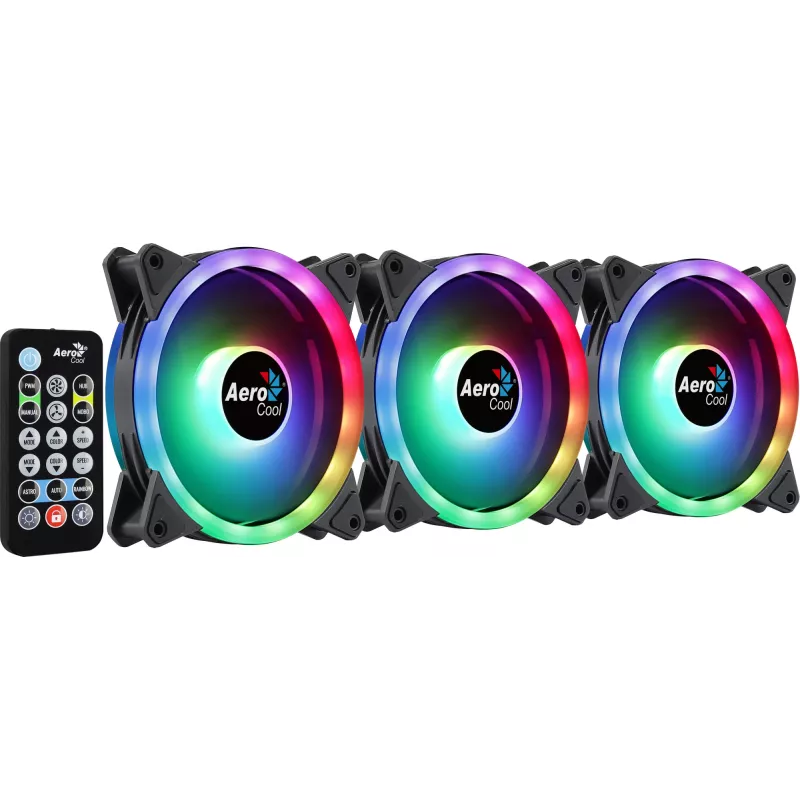 Aerocool DUO12PRO Kit 3x Lüfter 12 cm ARGB LED Dual-Ring Antivibration 6 Pins, schwarz