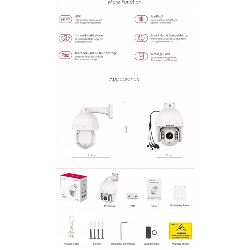 IP PTZ-Überwachungskamera Foscam SD8EP — 8 MP, 4-fach optischer Zoom, 6-fach digital, 355° Schwenken, 90° Neigen, IP66, Außenbereich, weiß