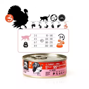 Nassfutter für Katzen 3coty Truthahn mit Krill 80 g — Alleinfuttermittel für ausgewachsene Katzen, 80 g Dose, Protein 19%, Fett 7%