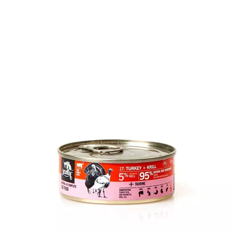 Nassfutter für Katzen 3coty Truthahn mit Krill 80 g — Alleinfuttermittel für ausgewachsene Katzen, 80 g Dose, Protein 19%, Fett 7%