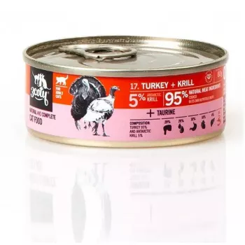 Nassfutter für Katzen 3coty Truthahn mit Krill 80 g — Alleinfuttermittel für ausgewachsene Katzen, 80 g Dose, Protein 19%, Fett 7%
