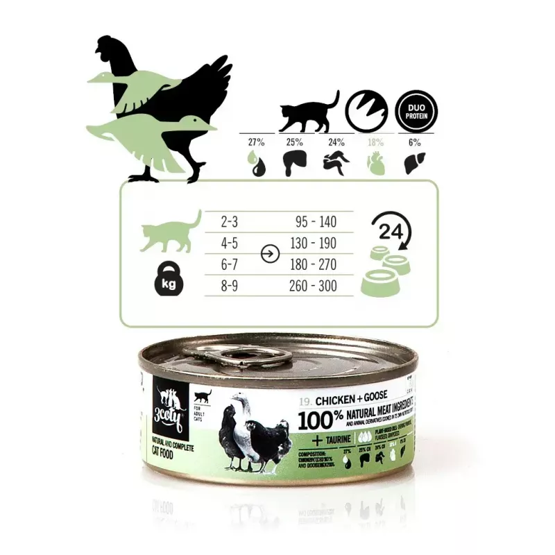 Nassfutter für Katzen 3coty Huhn mit Gans 80 g Beutel, Alleinfutter für ausgewachsene Katzen, 19% Protein, 12% Fett, getreidefrei