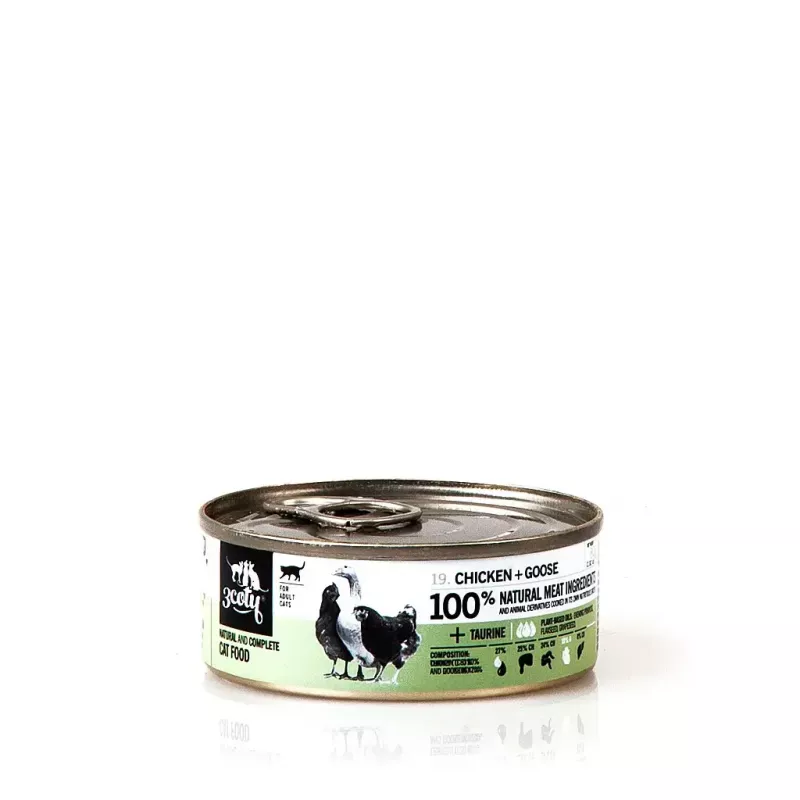 Nassfutter für Katzen 3coty Huhn mit Gans 80 g Beutel, Alleinfutter für ausgewachsene Katzen, 19% Protein, 12% Fett, getreidefrei