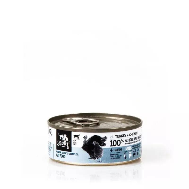 Nassfutter für Katzen 3coty Truthahn mit Huhn 80 g Beutel — Alleinfuttermittel für ausgewachsene Katzen, 19 % Protein, 64,7 % Feuchtigkeit