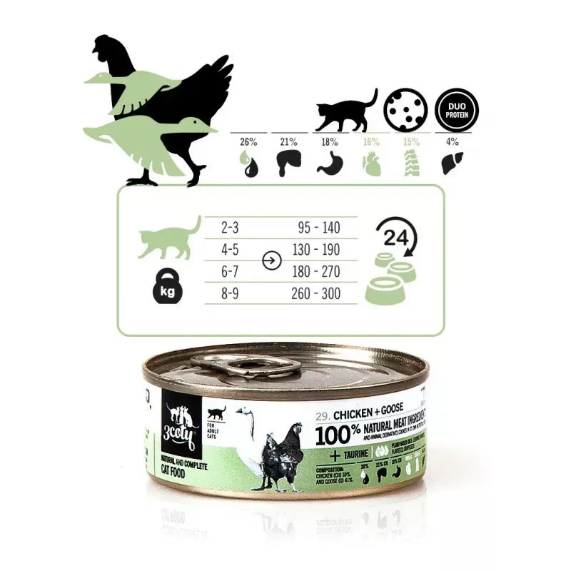Nassfutter für Katzen 3coty Huhn mit Gans 80 g Dose — Alleinfuttermittel für ausgewachsene Katzen, 19 % Protein, 12 % Fett