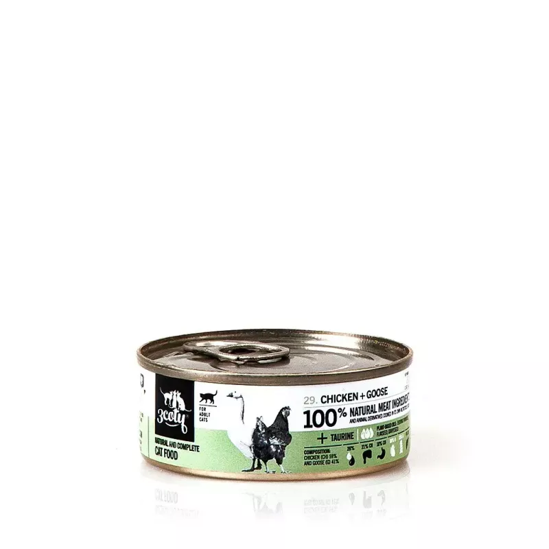 Nassfutter für Katzen 3coty Huhn mit Gans 80 g Dose — Alleinfuttermittel für ausgewachsene Katzen, 19 % Protein, 12 % Fett