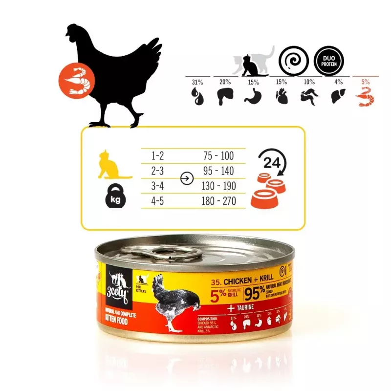 Nassfutter für Katzen 3coty Huhn mit Krill für Kätzchen, 80 g, Alleinfuttermittel, zuckerfrei, gluten- und sojafrei