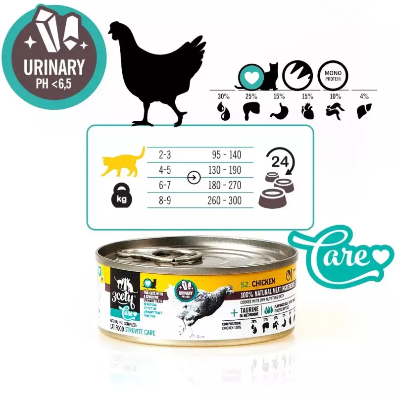 Nassfutter für Katzen 3coty Chicken Struvite care 80 g — Nassfutterbeutel, ausgewachsene Katzen, Huhn, Alleinfutter