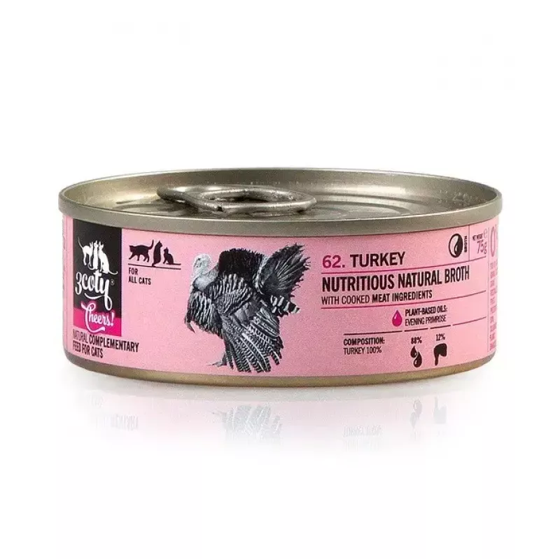 Nassfutter für Katzen 3coty Turkey Cheers 75 g — ausgewachsene Katzen, ergänzende Einzelportionspackung, 80 % Feuchtigkeit, 6 % Protein
