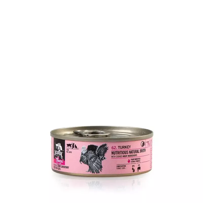 Nassfutter für Katzen 3coty Turkey Cheers 75 g — ausgewachsene Katzen, ergänzende Einzelportionspackung, 80 % Feuchtigkeit, 6 % Protein