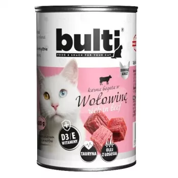 Nassfutter für Katzen BULT reich an Rindfleisch 400 g — alleiniges Dosen-Nassfutter für ausgewachsene Katzen, 77 % Feuchtigkeit, 9 % Protein, gluten- und sojafrei