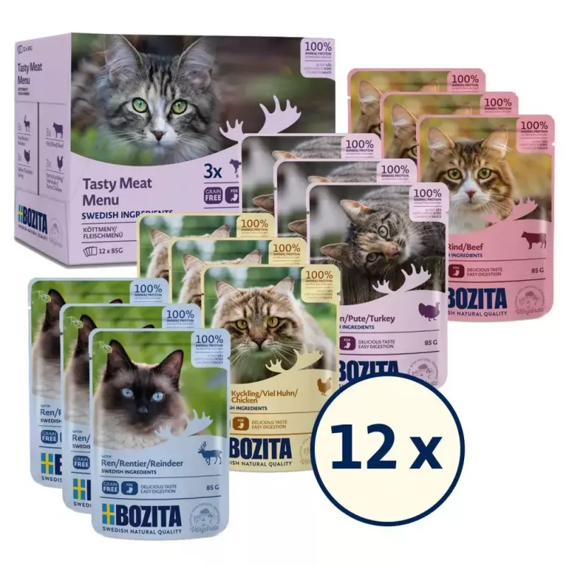 Nassfutter für Katzen BOZITA 85 g Beutel — Rind, Huhn, Hirsch, Truthahn, getreidefrei, ausgewachsene Katzen, 12×85g Packung