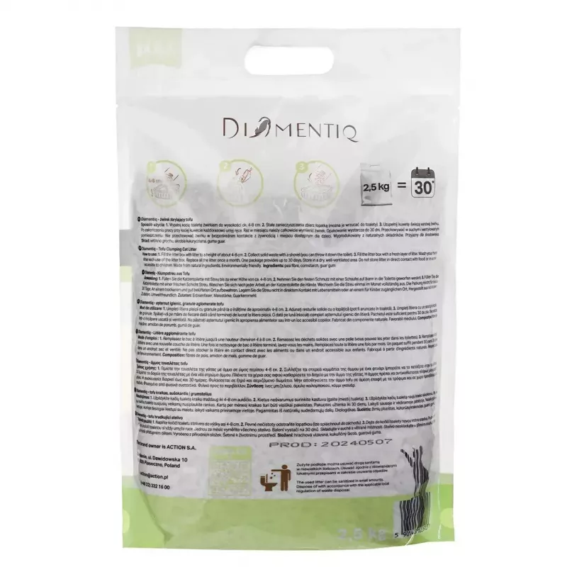 Klumpendes Tofu-Katzenstreu DIAMENTIQ Matcha Ultra, Erbsenfaser, staubfrei, 2,5 kg