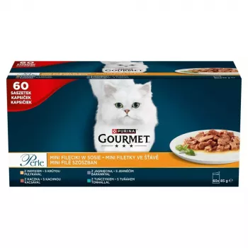 Nassfutter für Katzen Purina Nestlé GOURMET Perle Mini Filets in Sauce, Beutel 60 x 85 g, ausgewachsene Katzen, 80% Feuchtigkeit