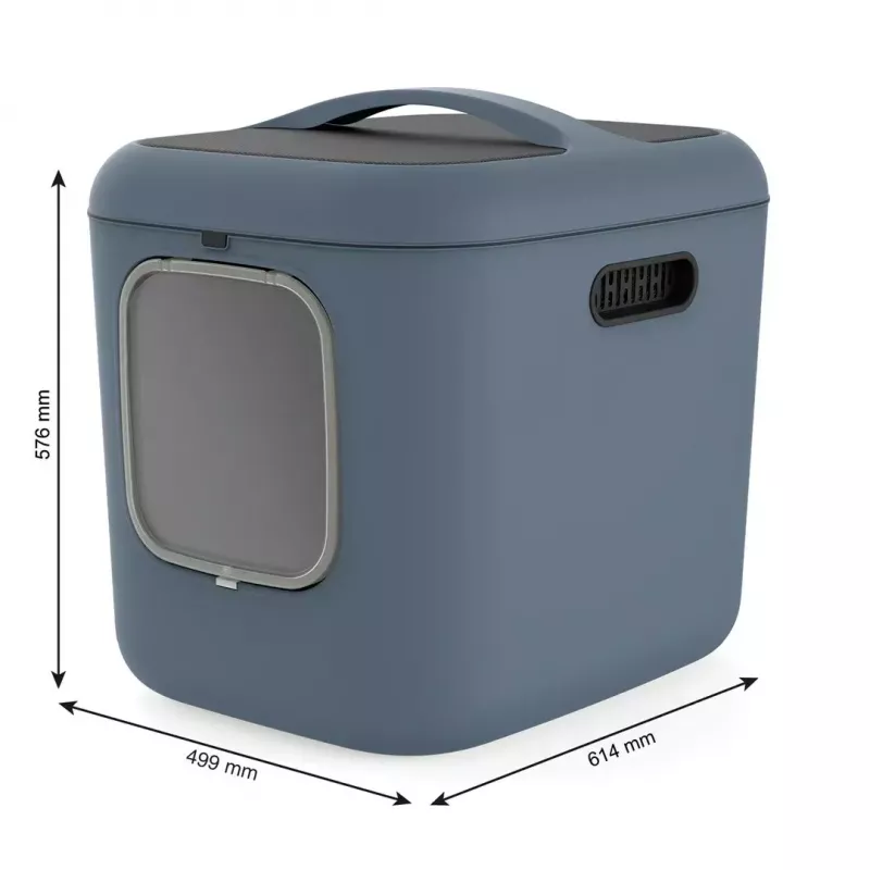 Katzenklo rotho Biala XL — große Kunststoff-Katzentoilette, blau, Kohlefilter, Aufhängeloch, 576×499×614 mm, 2,5 kg