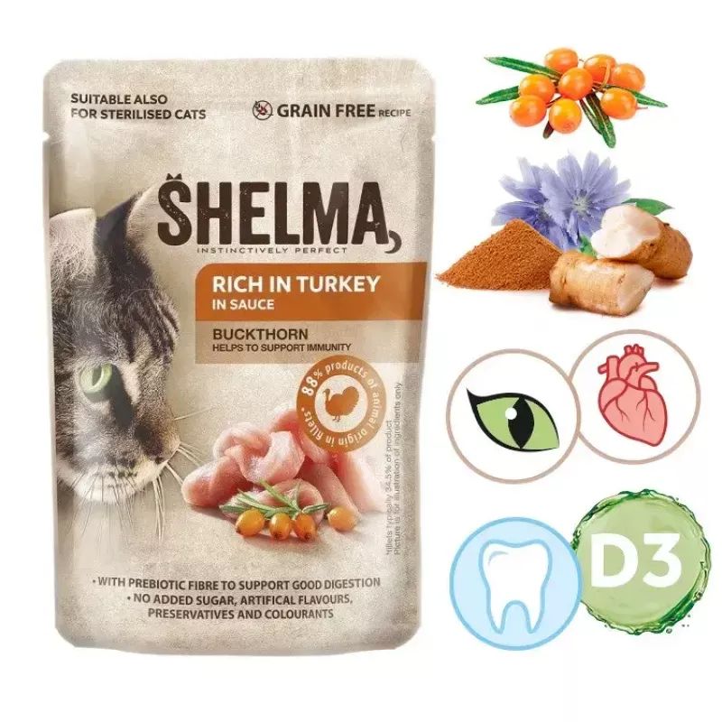 Nassfutter für Katzen SHELMA Reich an Pute in Soße 85 g — ausgewachsen, glutenfrei, geeignet bei Futtermittelallergien
