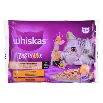 Whiskas Nassfutter für Katzen 85 g Beutel, ausgewachsene Katzen, 4 x 85 g, Huhn/Lamm Geschmack