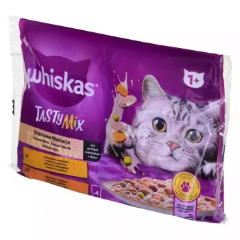 Whiskas Nassfutter für Katzen 85 g Beutel, ausgewachsene Katzen, 4 x 85 g, Huhn/Lamm Geschmack