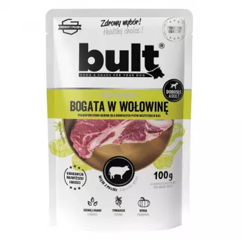 Nassfutter für Hunde BULT reich an Rindfleisch 100 g — vollwertige Mahlzeit in der Dose für ausgewachsene Hunde, 11% Protein, 6,5% Fett, 78% Feuchtigkeit
